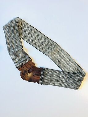 Vintage Glass Beaded Belt Wood Hook & Eye Buckle Silver & Clear Glass Seed Beads